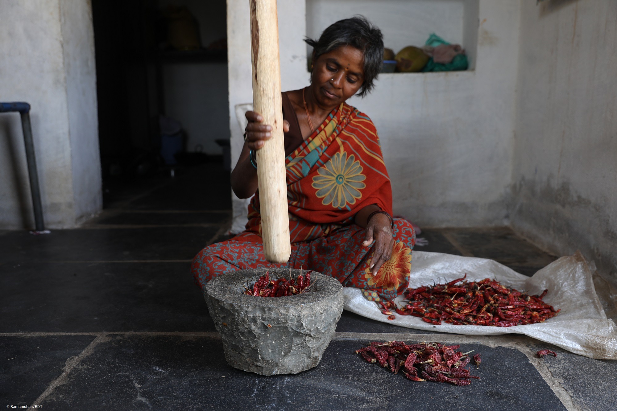 Frau verarbeitet selbst angebaute Chilis. Wir stärken Frauen in der Landwirtschaft in Indien.